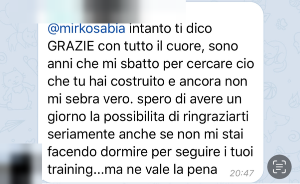 Messaggio di una persona che ha seguito i percorsi di Mirko Sabia 6